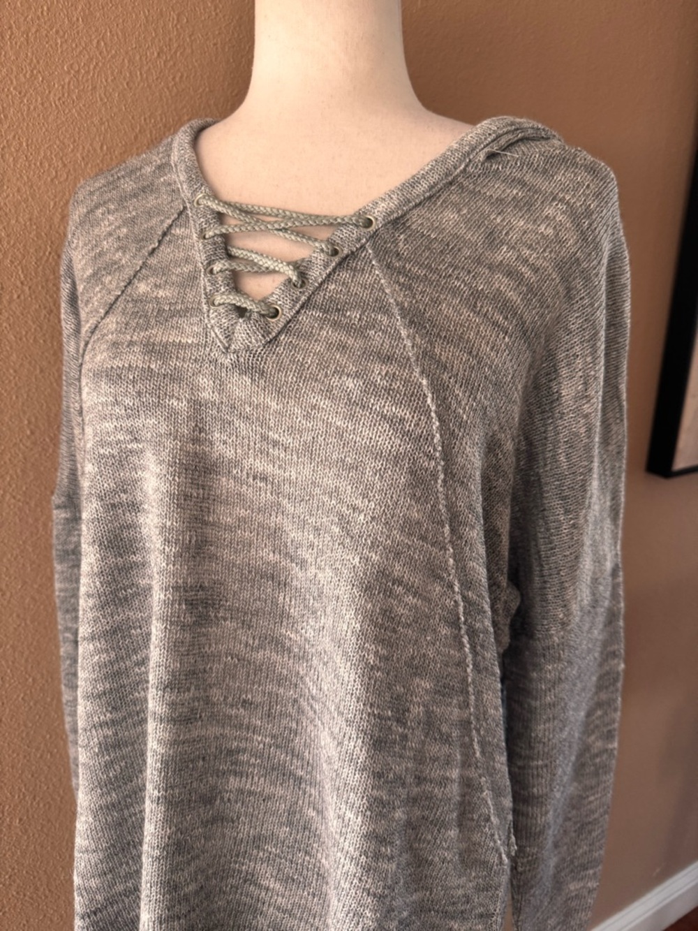 Relaxed Lace-Up Hoodie Sweater - Gray - Picture 3 of 9